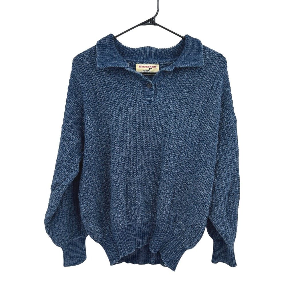 Chunky Fisherman Knit Henley Sweater M Blue Grandpa Cabincore Heritage‎ Made USA
